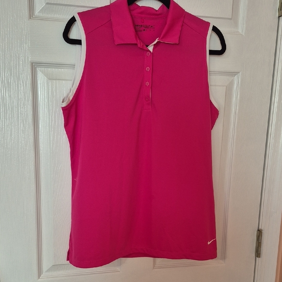 Nike Golf Dri Fit Ladies Hot Pink Button Front Shirt Trimmed In White - Picture 1 of 10